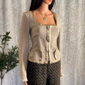 Vintage Y2K Emporio Armani Linen Silk Satin Trim Jacket Beige‎ Blazer IT 42 US 8